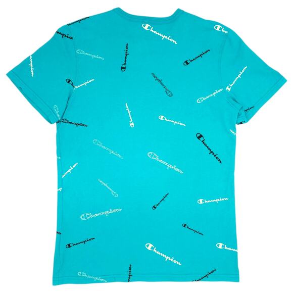 Champion Shirt Mens Medium Blue All Over Print Logo Graphic Tee T-Shirt Cotton - Picture 8 of 12